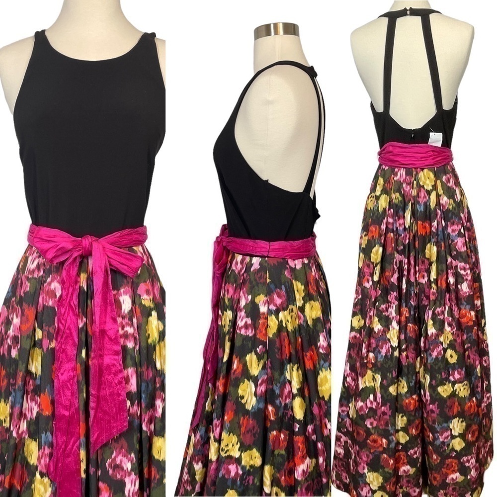 Eliza J Elegant Ballgown Black Halter Bodice Floral Tulle Lined Skirt Size S